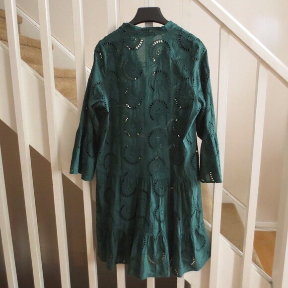 Green Cotton Tiered Eyelet Summer Mini Midi Dress with Long Flared Sleeves - Picture 3 of 5